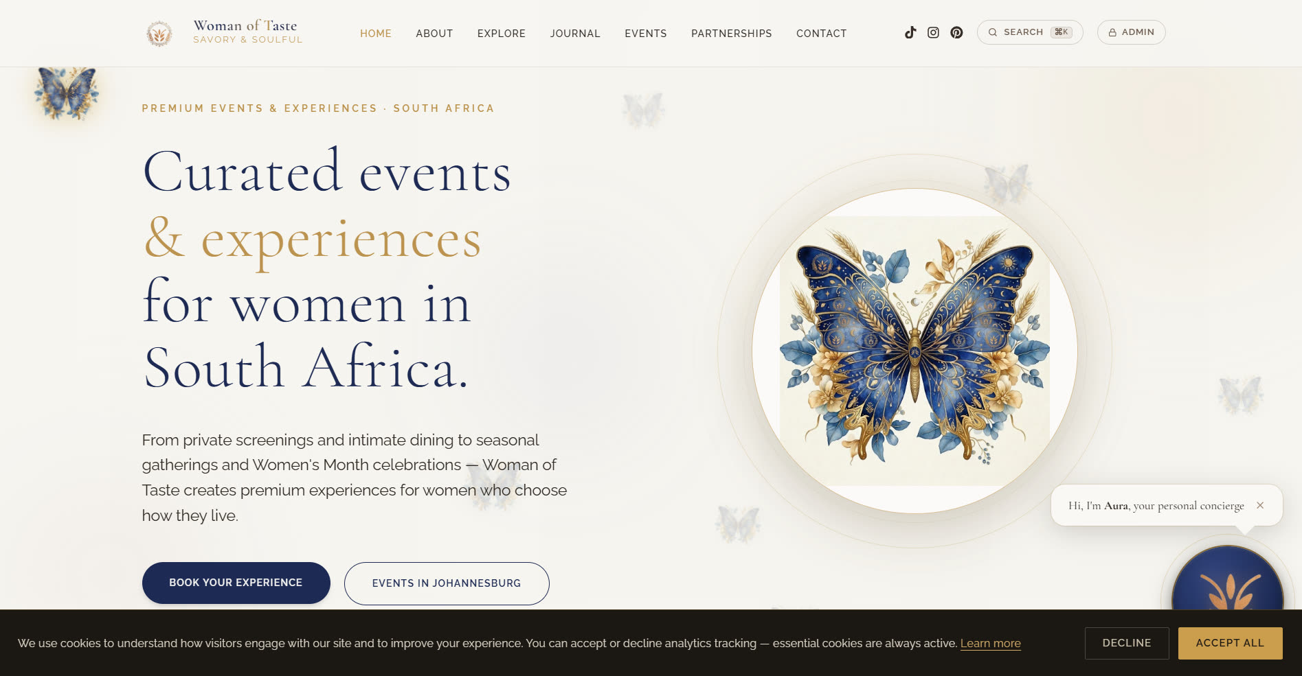 Woman of Taste homepage, built and run on Okiru BizBrain, curated events and experiences for women in South Africa